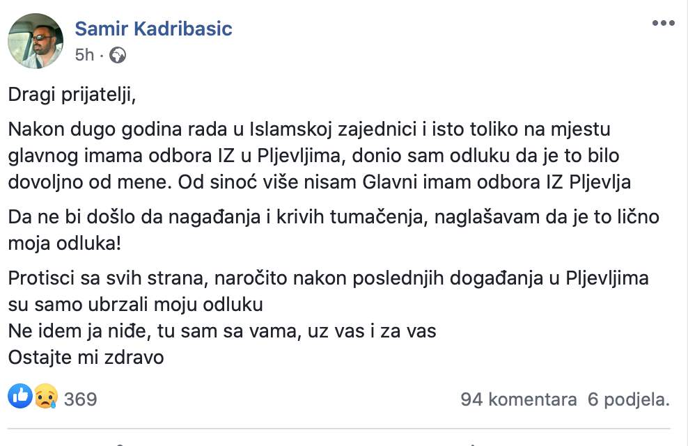 Screenshot 2020-09-05 at 19.24.57.jpg - Samir ef. Kadribašić: Od sinoć više nisam Glavni imam odbora IZ Pljevlja